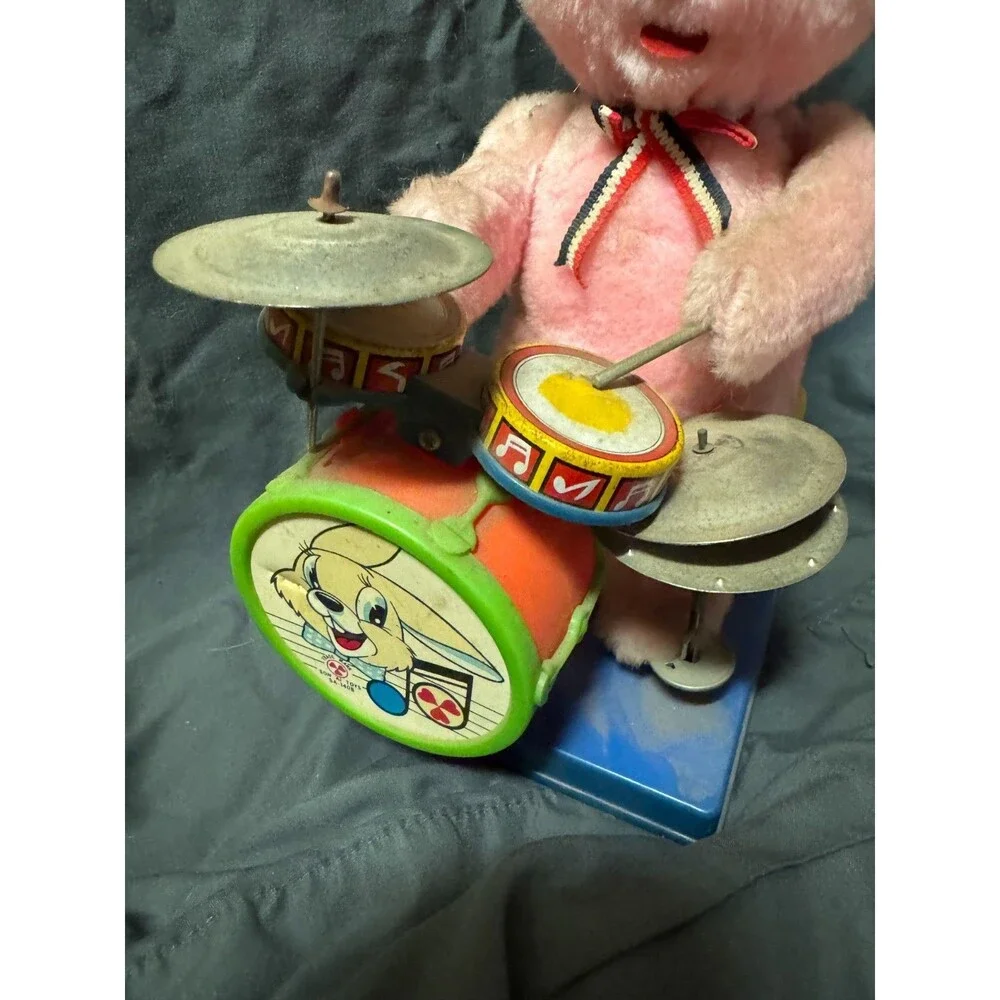 Vintage Son-Ai Toys Japan Pink Bunny Rabbit Drummer Tin Litho Battery Toy Parts
